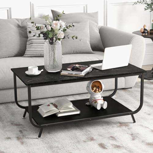 Giantex Marble Coffee Table, 2-Tier Faux Marble Top Coffee Table w/Metal Frame, Rectangular Living Room Table w/Storage Shelf, Sofa Side Table, Accent Table for Living Room, Office, Balcony (Black)