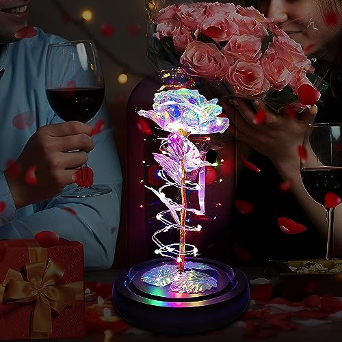 Glass Preserved Eternal Rose, Birthday Gifts for Her Women Gold Foil Artificial Rose with DIY Led Light, Beauty and The Beast Dome, Mother's Day Valentine's Mom Gift from Daughter, TOJUNE (Colorful)