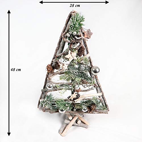 SHATCHI Christmas Pre-Lit Warm White LED Frame Tabletop Centrepiece Decoration with Pinecones and Baubles Holiday Home Décor Star/Rectangle, Wood, Wooden Tree, 48 X 28 CM