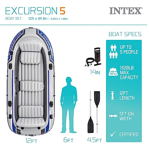 INTEX 68325EP Excursion 5 Inflatable Boat Set: Includes Deluxe 54in Aluminum Oars and High-Output-Pump – Adjustable Seats with Backrest – Fishing Rod Holders – 5-Person – 1320lb Weight Capacity