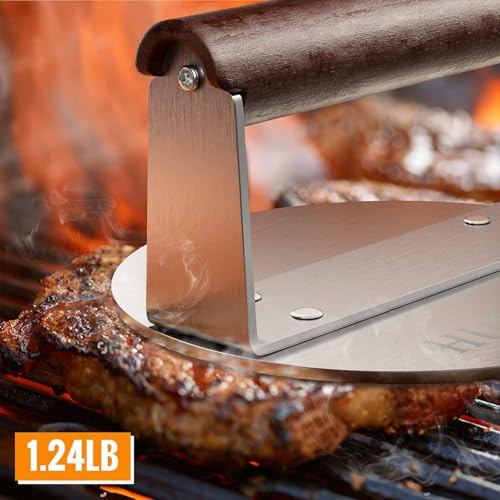 HULISEN Stainless Steel Burger Press, Heavy Weight Smashed Burger Press, Grill Press with Heat Resistant Wood Handle, 6 Inch Burger Smasher, BBQ Griddle Accessories for Bacon Hamburger Steak Meat