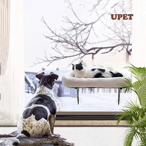 UPET Cat Window Perch Safety Comfortable Cats Hammock Bed with Soft Plush Cushion Heavy Duty Suction Cups Metal Frame for Large Cats Kittens Indoor Lounging Sunbathing Napping Overlooking (White)