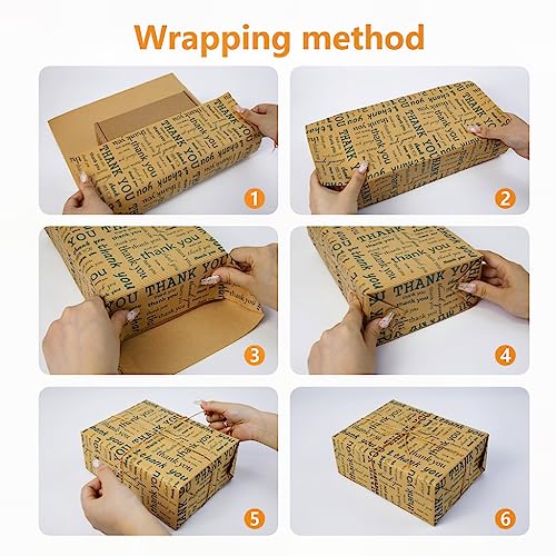 ZCOINS 6 Sheets Thank You Gift Wrapping Paper 70∗50cm Recyclable DIY Present Wrapping Kraft Paper with Flax Strings and Tape for Flower Bouquet Packing Wedding Bridal Baby Thanksgiving Gift Christmas Gift Kids Crafts