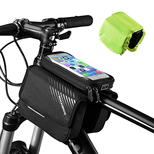 ROCKBROS Bike Frame Bag Waterproof Top Tube Bike Bag Large Storage Touch Screen Bike Cell Phone Holder Suitable for IphoneX,11,12,13,14 Below 6.4'', Black