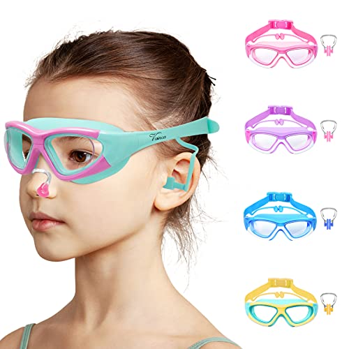 Vvinca Kids Swim Goggles, Wide View Anti-Fog Quick Adjustable Strap Swim Mask with Ear Clip Nose Clip for Children Swimming Lesson, Leak Free Water Pool Glasses for Kids Girls Boys Age 3-12