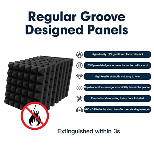 Hertber-24 Pack Acoustic Panels Sound Proof Foam 12 x 12 x 2 Inches Acoustic Foam Pyramid Black Sound Panels For Wall Sound Absorbing