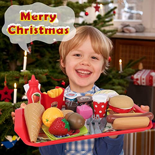 REMOKING Children Pretend Role Play Toys, Educational Food Toys for Toddler Girl Boy, Kids Preschool Learning Toys, Kitchen Toy, Hamburger, Hotdog, Cutting Fruit, Ice Cream Food Set