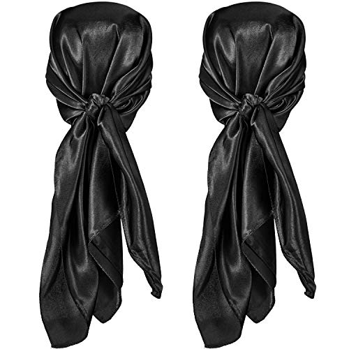 35 Inch Silk Head Scarf 2 Pcs Large Square Neck Scarf Sleeping Hair Wrapping Satin Scarf for Women, Black, Medium