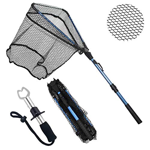 ZHENDUO OUTDOOR Fishing Net Fishing Landing Net Collapsible Telescopic Fishing Nets for Safe Fish Catching or Releasing with Fish Gripper Fishing Gear Tool Set (36.2inch)