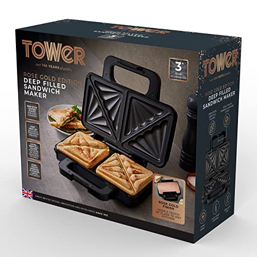 Tower T27031RG Deep Filled Sandwich Maker with Non-Stick Coated Plate and Automatic Temperature Control, 900W, Rose Gold