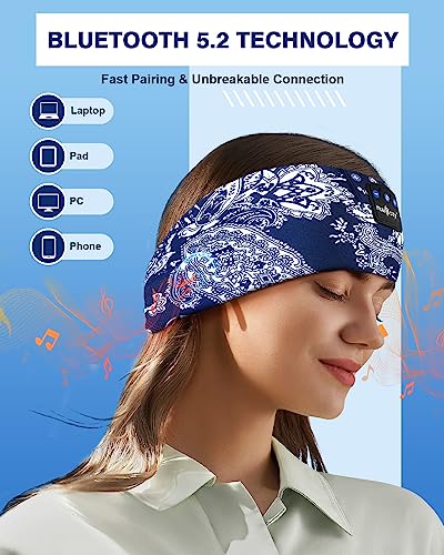 MUSICOZY Sleep Headphones Bluetooth 5.2 Headband Headphones Soft Boho Music Headband with HD Stereo Sound,Tech Gifts for Men Women Teens, Reusable Headphones for Sleeping Yoga Sport Fitness Relax