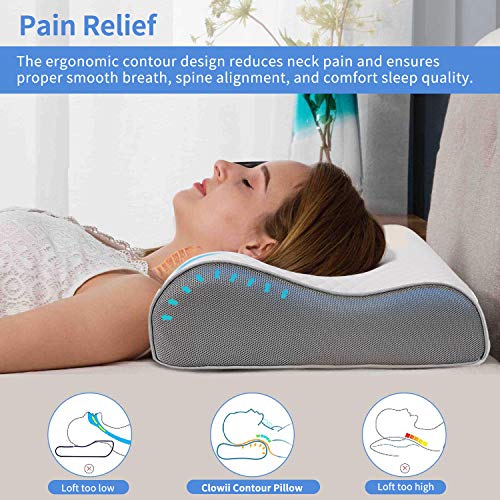 Clowii Contour Memory Foam Pillow, Neck Pillows for Sleeping, Cervical Pillow for for Neck Pain, Orthopedic Contour Pillow Support for Back, Stomach, Side Sleepers (Contour Pillow)