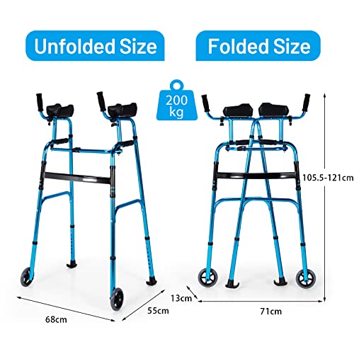 Costway Foldable Standard Walker, Weight Capacity 200 kg, Adult Mobility Walking Frame, Toilet Standing Frame, Aluminum Alloy Rehabilitation Auxiliary Walker w/ 7-Height Adjustable, Removable Armrest, Wheels, Walking Aid for Senior, Elderly (Silver)