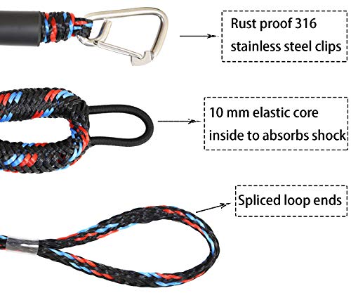 Colourful Bungee Boat Dock Lines with Hook 4 Feet Dockline Mooring Rope Boat Accessories Docking Lines PWC Shock Cords for Boats Kayak, Jet Ski, Canoe, Power Boat Wave Runner, SeaDoo, Watercraft 2pcs