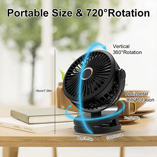 USB Powered Clip on Fan, 5000mAh 360° Rotation Quiet Stroller Fan with Strong Airflow,3Speeds Portable Small Fan with Sturdy Clamp,Perfect Personal Cooling Fan for Office Table Bedroom Kitchen (Black)