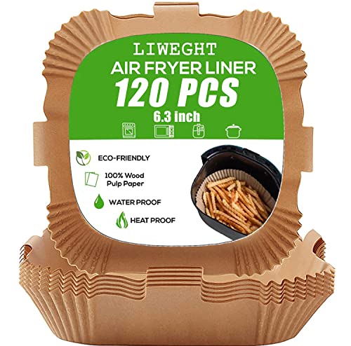 LIWEGHT 120 PCS Air Fryer Disposable Paper Liner Square 6.3 Inch, Round Air Fryer Liners, Non-Stick Natural Parchment Paper for Baking, Frying, Cooking, Roasting and Microwave - Oil-Proof, Unbleached