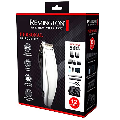 Remington Personal Haircut Kit, HC70A, Corded, 12-Piece Pack: Hair Clipper, Scissors, 5x Comb guides (3-16MM), Styling Combs, Blade Guard, Cleaning Brush And Lubricating Oil - Silver