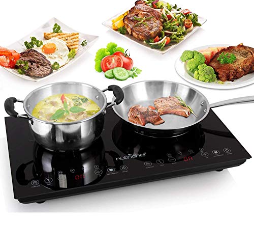 Dual Electric Induction Cooker Cooktop - 120V Portable Digital Ceramic Countertop Double Burner w/Kids Safety Lock - Works with Stainless Steel Pan & Other Magnetic Cookware - NutriChef PKSTIND48EU