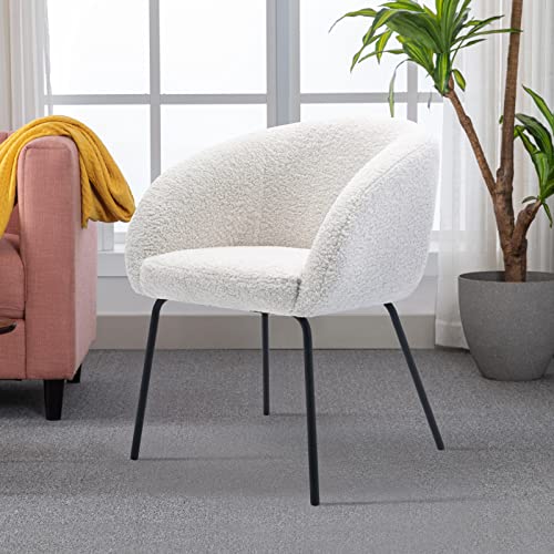 Zesthouse Modern Sherpa Chair Upholstered Barrel Chair with Metal Legs, Cute Makeup Vanity Chair Desk Chair No Wheels, Accent Armchair Comfy Leisure Sofa Chair for Living Dining Room Bedroom,White