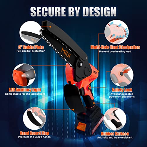 MIUI Mini Chainsaw 6 Inch, Cordless Handheld Chainsaw with 2 Batteries and 2 Chains, Handheld Portable Electric Chainsaw with Safety Lock,One-Hand Use Electric Chainsaw,for Tree Trimming Wood Cutting