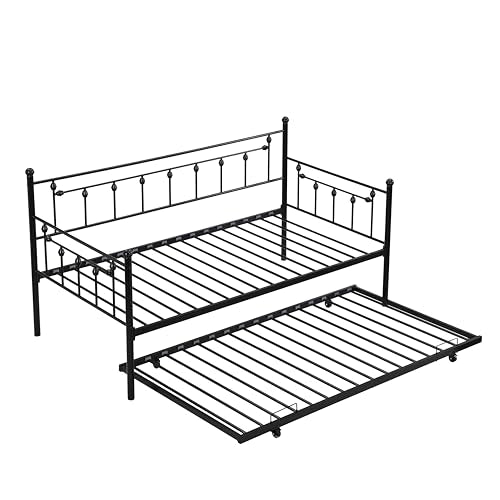 Dolonm Twin Size Daybed with Trundle, Modern 2 in 1 Sofa Metal Bed Frame, Pull-Out Trundle Daybed, Slat Support Sofa Bed Frame for Bedroom Living Room Guest Room, No Box Spring Needed, Black