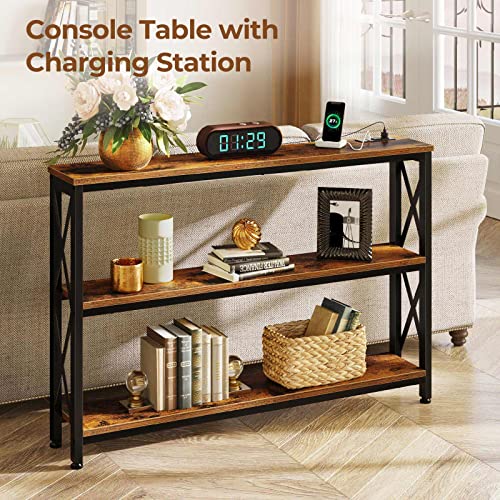 Rolanstar Sofa Table with Charging Station, 3 Tier Narrow Console Storage Shelf and Power Outlet, 47” Entryway Metal Frame Behind Couch Hallway Entrance for Living Room