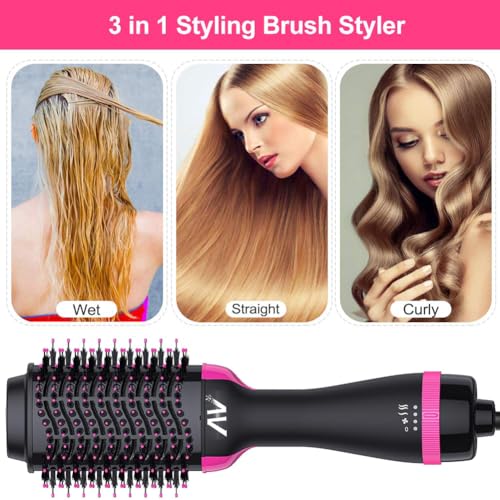 AU Plug Hot Air Brush,One Step Hair Dryer & Volumizer Hair Dryer & Volumizing Styler Comb 3-in-1 Negative Ion Straightening Brush Salon Hair Straightener Brush Curler for All Hair Types (Rose Black)