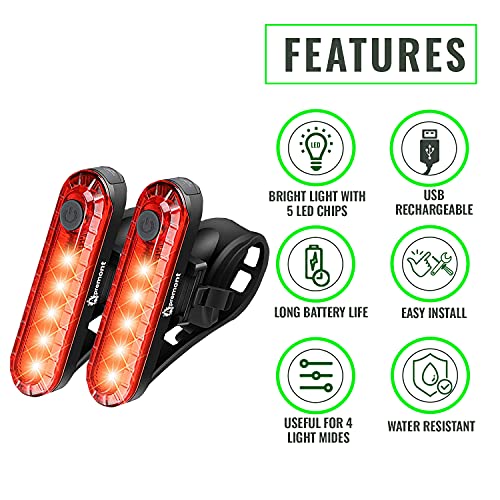 Bright Rechargeable Rear Bike Light Set - Suit Day & Night Riding - Safety Taillights for Cycling Road, Gravel or Mountain - Mount on Helmet, Skateboard, Backpack, Wheelchair, MTB & Scooter