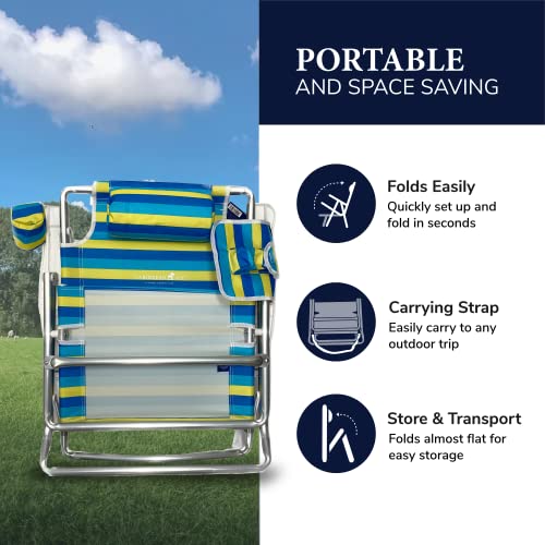 Caribbean Joe Folding Beach Chair, 5 Position Lightweight, Portable Reclining Outdoor Camping Chair with Headrest, Shoulder Strap, and Cup Holder, Bold Stripe