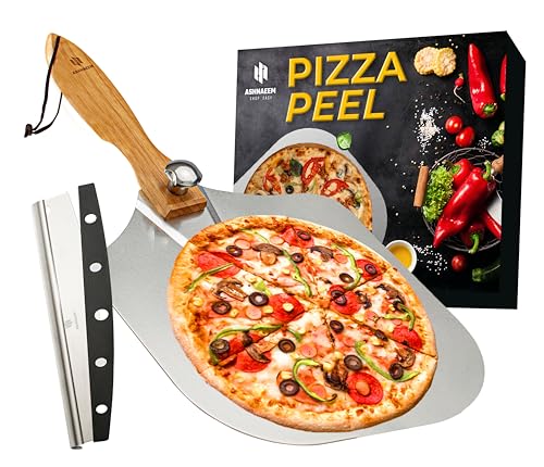 ASHNAEEM Premium Pizza Peel (12''X 14'') Aluminum Metal Pizza Paddle with Cutter | Pizza Spatula with Foldable Wooden Handle for Easy Storage | Pizza Spatula Paddle for Indoor & Outdoor