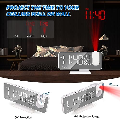 Projection Digital Alarm Clock for Bedroom, Beedove FM Radio Alarm Clock, Dual Alarm Clock with 3 Dimmer,Snooze,Timer,180°Rotatable Ceiling Projection Alarm Clock for Home Decor, Desk, Office, White