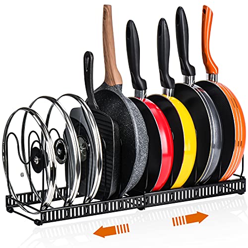 Toplife Expandable Pans Organizer Rack, 10 Adjustable Compartments, Cookware Holder for Pantry or Cabinet, Black