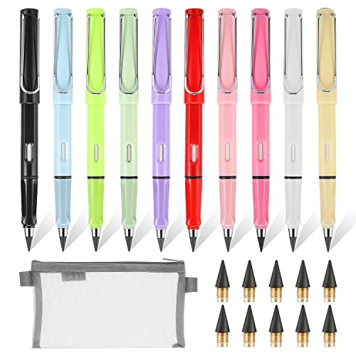 10 Pcs Inkless Pencils Eternal Pencil with Pencil Case, Everlasting Pencil with 10 pcs Replacement Nibs,Infinite Pencil,Reusable Erasable Unlimited Writing for Student Adult Artist Writing Drawing