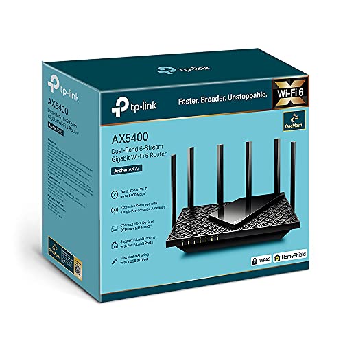 TP-Link AX5400 Dual-Band Gigabit Wi-Fi 6 Router, Dual Band Gigabit Wi-Fi 6 Router, Dual-Band, MU-MIMO, OFDMA, OneMesh Supported, app Control, Security Services (Archer AX72) AU Version