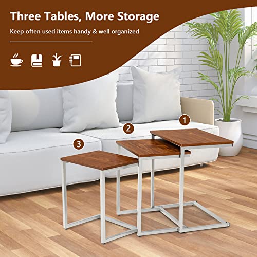 Giantex Nesting Coffee Table Set of 3, Retro Tea Table with Metal Base, Solid Structure, Accent End Tables, Industrial Cocktail Table, Stacking Side Tables for Living Room, Office, Balcony