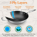 NutriChef 12" Stainless Steel Durable Wok - Triply Kitchenware Wok with Glass Lid, Side Handle - DAKIN Etching Non-Stick Coating, Scratch-resistant Raised-up Honeycomb Fire Textured Pattern - NCS3PWOK