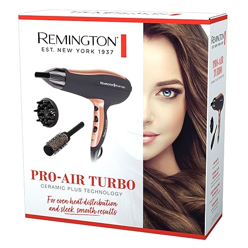 Remington Pro-Air Turbo Hair Dryer, D5220AU, 2400W (AU Plug), Ceramic & Ionic Technology, Salon Professional Results With Less Frizz, Includes Diffuser & Round Brush, Black & Rose Gold