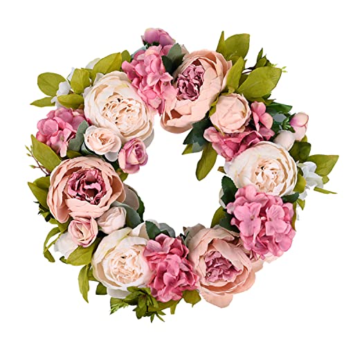 Fake Flowers Door Wreath 15"-16" Floral Artificial Peony Wreath with Green Leaves Handmade for Front Door Farmhouse Welcome Door Wall Home Decor Office Light Pink