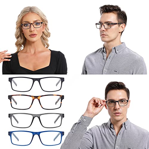 Colloddiss 4-Pack Reading Glasses for Men Women, Spring Hinge Readers Glasses, Blue Light Blocking Eyeglasses SR20523, Black Blue Gray BrownTortoise 1.5 x