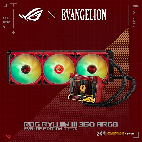 ASUS ROG Ryujin III 360 ARGB EVA-02 Edition All-in-one Liquid CPU Cooler with 360mm Radiator. Asetek 8th gen Pump, 3X Magnetic 120mm ARGB Fans(Daisy Chain Design), 3.5” OLCD Display