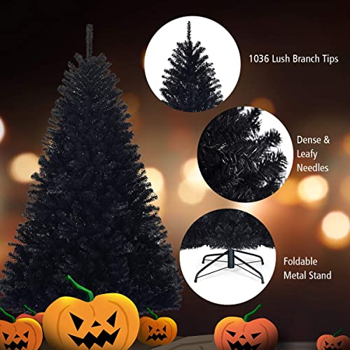 1.8m/2.25M Christmas Tree, Artificial Black Christmas Tree with Sturdy Metal Stand, 1036/1258 Branch Tips PVC Needles, Easy-Assembly, Festival Decor for Home, Garden, Halloween, Black (1.8M)