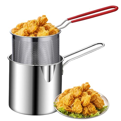 Deep Fryer Pot with basket,2Pcs/Set Mini Deep Oil Fryer,1200ml Handled Stainless Steel Chip Pan Uncoated Mirror Polished Brushed Frying Pots for French Fries Fish Chicken Wings