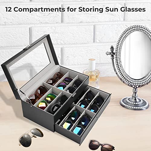 [12 Slots] ProCase Sunglasses Organizer for Women Man, PU Leather Eyeglass Eyewear Storage Display Case, 2-Layer with Drawer and Glass Lid, Glasses Collector Box -Black