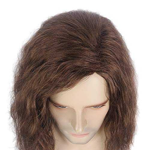 STfantasy Mens Brown Wig Long Curly Wigs for Men Mid Length Middle Part Synthetic Hair for Man Male Cosplay Winter Soldier Costume