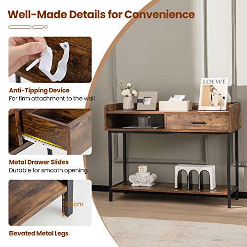 Giantex Long Console Table for Small Space, Couch Side Table with Drawer & Anti-Tipping Kit, Kitchen Buffet Table, Metal Frame Entryway Foyer Table for Living Room & Dining Room, Rustic Brown