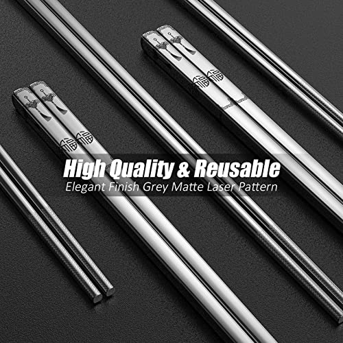 ZDPMK 5 Pairs Metal Chopsticks - Reusable Stainless Steel Chopsticks Laser Engraved Japanese Chinese Korean Chop Sticks with Non-Slip Square Design,Dishwasher Safe