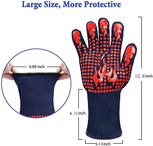 PELLUM Gloves BBQ, Extreme Heat Resistant Grilling Gloves Kitchen Silicone Smoker Oven Mitts, Long Waterproof Non-Slip Potholder for Barbecue, Cooking, Baking (Red)