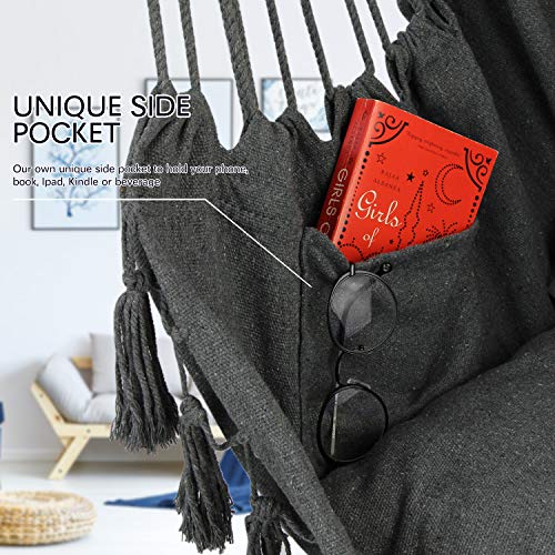 WBHome Extra Large Hammock Chair Swing with Hardware Kit, Hanging Macrame Chair Cotton Canvas, Include Carry Bag & Two Soft Seat Cushions, for Bedroom Indoor Outdoor, Max. Weight 330 Lbs (Grey)