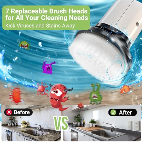 Electric Spin Scrubber, Cordless Bathroom Tub Scrubber with Long Handle & 7 Replaceable Cleaning Heads, Extension as Short Handle, Portable Power Shower Brush Household Cleaning Tools for Tile Floor