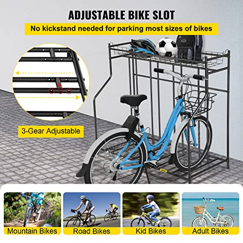 VEVOR Bike Stand Rack, 4 Bicycle Floor Bike Rack, Widths Adjustable Metal Bike Stand Storage w/Basket, Hooks, in/Outdoor Freestanding Bike and Sports Storage Station for Mountain, Hybrid, Kids Bikes